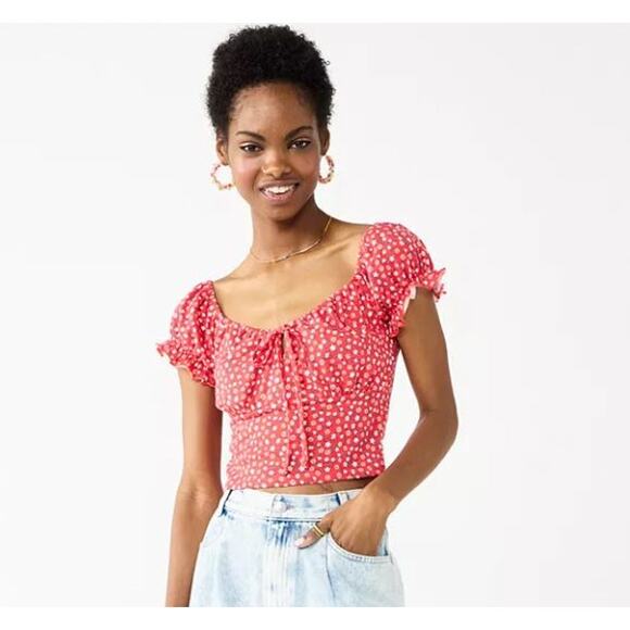 SO Tops - 💜3/$25 💜 Puff Sleeve Crop TOP Juniors PLUS XXL 19 Ditsy Red Floral Blouse NEW